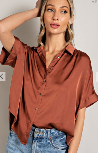 Leave With Me Button Up Top in Coco