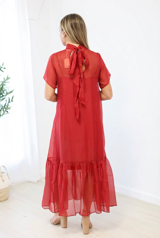 Evening Glow Sheer Mock Neck Midi Dress in Burgundy