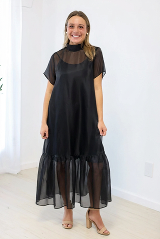 Evening Glow Sheer Mock Neck Midi Dress in Black