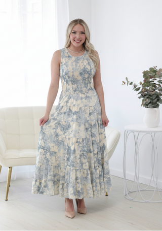 Model wearing outfit with nude heels