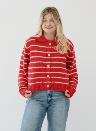 Glistening Snow Striped Button Up Sweater in Red