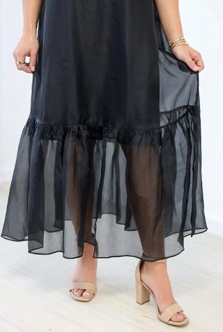 Evening Glow Sheer Mock Neck Midi Dress in Black