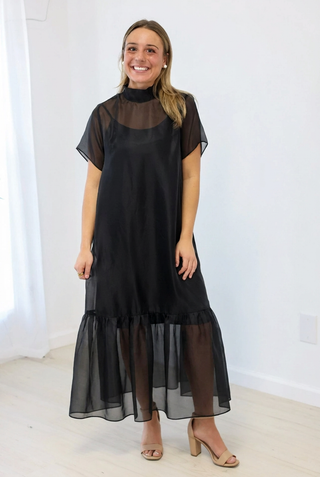 Evening Glow Sheer Mock Neck Midi Dress in Black