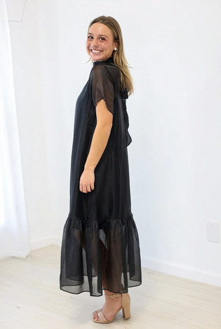 Evening Glow Sheer Mock Neck Midi Dress in Black