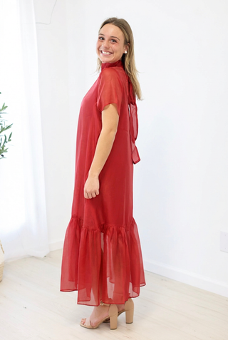 Evening Glow Sheer Mock Neck Midi Dress in Burgundy