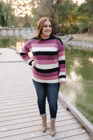 Keep Me In Mind Color Block Sweater In Plum Rose