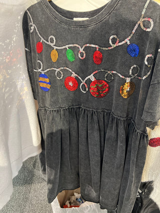 Light Up the Holidays Black Mineral Wash Dress with Sequins Lights