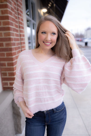 Just Wait Pink Striped Fuzzy Sweater