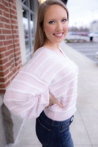 Just Wait Pink Striped Fuzzy Sweater
