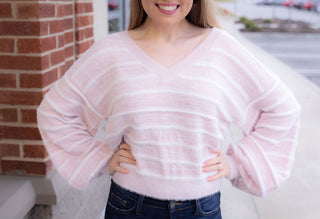 Just Wait Pink Striped Fuzzy Sweater