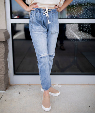 Washed Boyfriend Drawstring Jeans- medium wash