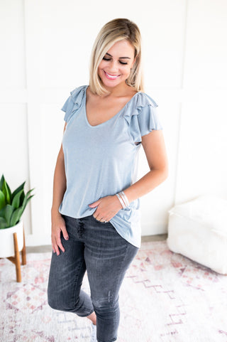 Giving Me Chills In Icy Blue Ruffled Sleeve Top