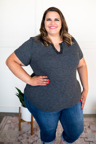 Chase Is The Race Eyelet Top In Charcoal