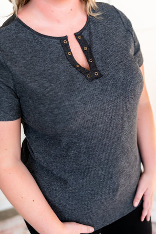 Chase Is The Race Eyelet Top In Charcoal