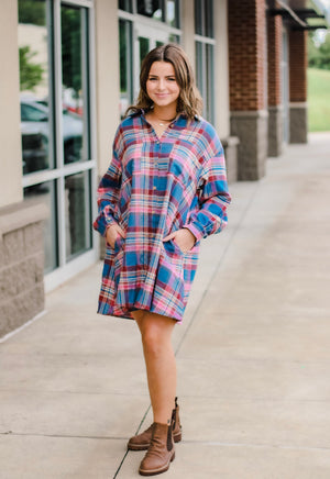 Hometown Babe Plaid Dress in Blue