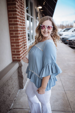 Drop the Hammer Baby Blue Ruffled Linen Top