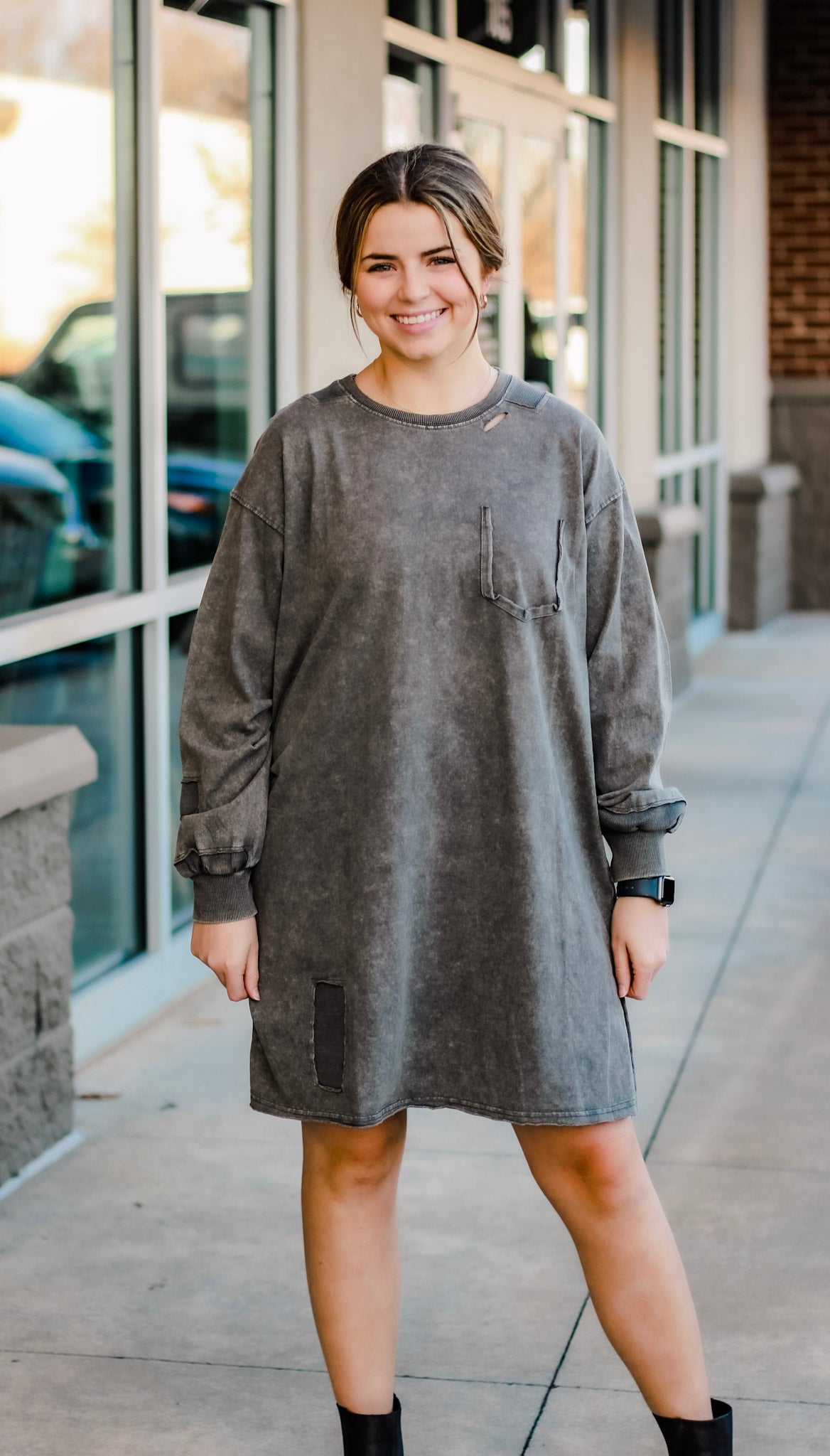 oversized distressed t shirt dress Women's gray T-shirt dress with distressed treatment