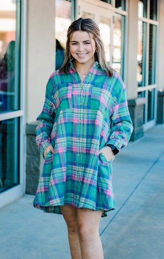 Hometown Babe Plaid Dress in Emerald