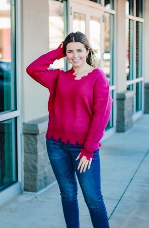 Ripped Apart Sweater in Magenta