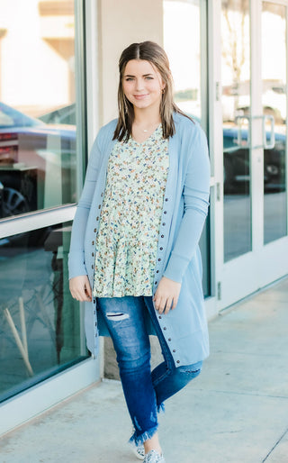 Oh Snap Cardigan in Ash Blue