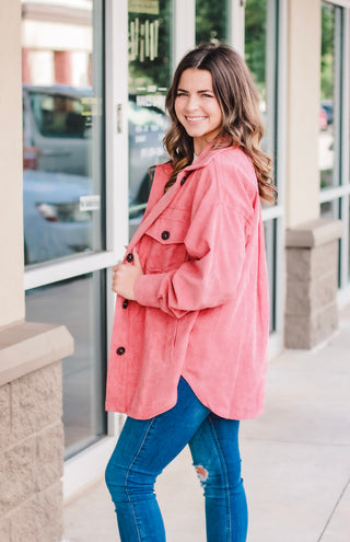 Cool Crisp Air Cord Shacket in Ash Rose