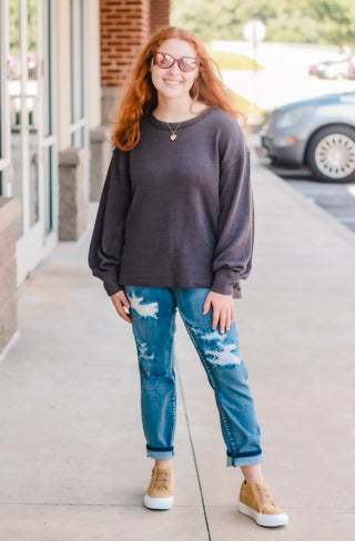 Finding Fall Ribbed Knit Top  in Charcoal