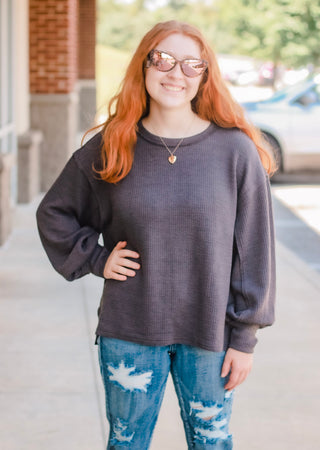 Finding Fall Ribbed Knit Top  in Charcoal