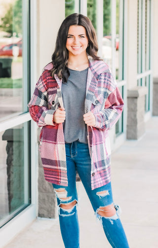 Going Out Plaid Shacket in Burgundy