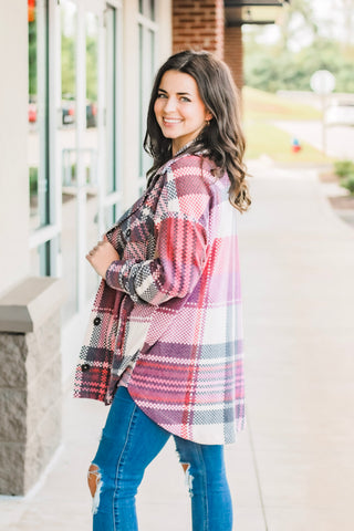 Going Out Plaid Shacket in Burgundy