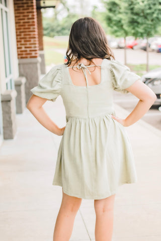 Puff Sleeve Olive Denim Dress