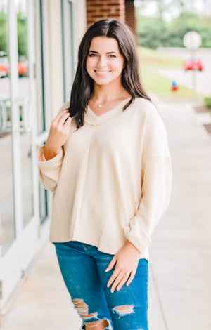 Finding Fall Ribbed V Neck Knit Top in Cream