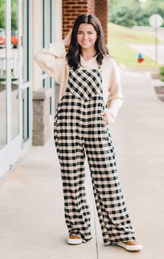 Fall Days Plaid Jumpsuit in Black
