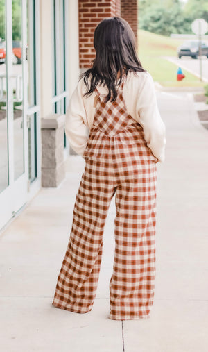 Fall Days Plaid Jumpsuit in Camel
