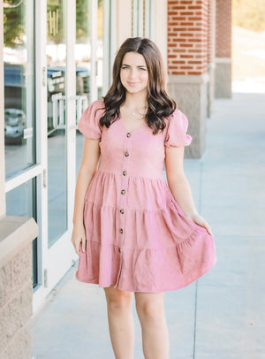 Tiered in Rose Corduroy Dress