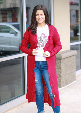 It's a Long Line Duster Cardigan in Red