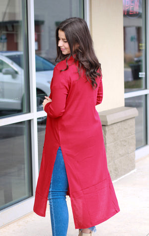 It's a Long Line Duster Cardigan in Red