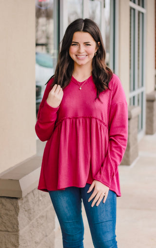 For the Day Waffle Knit Hoodie in Magenta