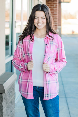 On My Way Flannel in Pink/Grey