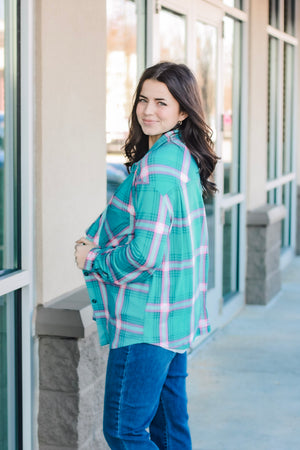 On My Way Flannel in Teal/Pink