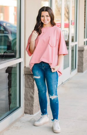 Call Me Casual Faux Pocket Tee in Faded Coral