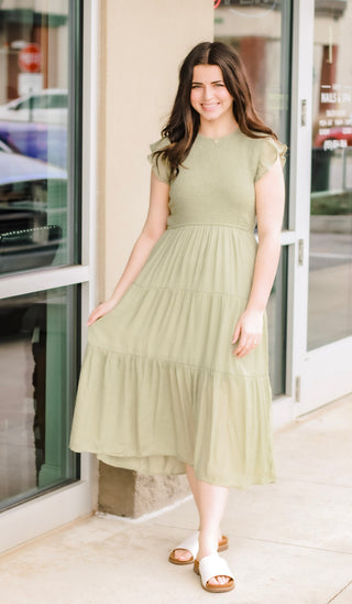 Trusting You Smocked Dress in Light Olive