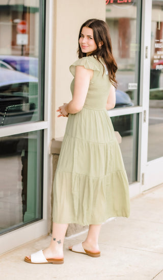 Trusting You Smocked Dress in Light Olive