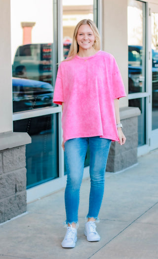 Feeling Good Acid Wash Top in Hot Pink
