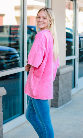 Feeling Good Acid Wash Top in Hot Pink