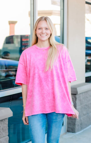 Feeling Good Acid Wash Top in Hot Pink