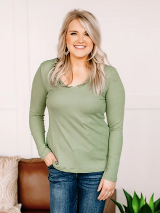 FRILLED TO BITS RUFFLE NECK TOP IN CACTUS- in store