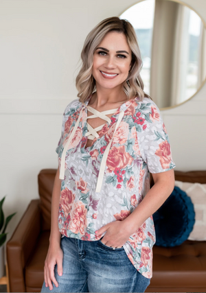 LIKE A HOT HOUSE FLOWER TOP IN SAGE & CORAL- in store- sale