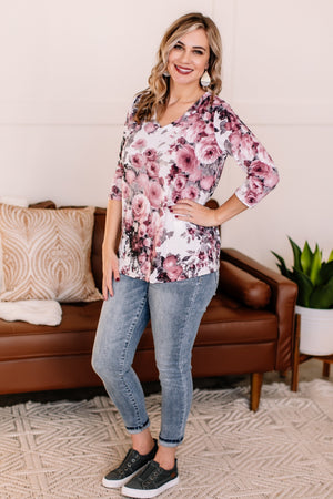 In Living Color Pink and Gray Floral Top