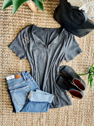 Chase Is The Race Eyelet Top In Charcoal