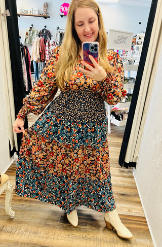 Turning Heads Fall Midi Dress in Navy Mix